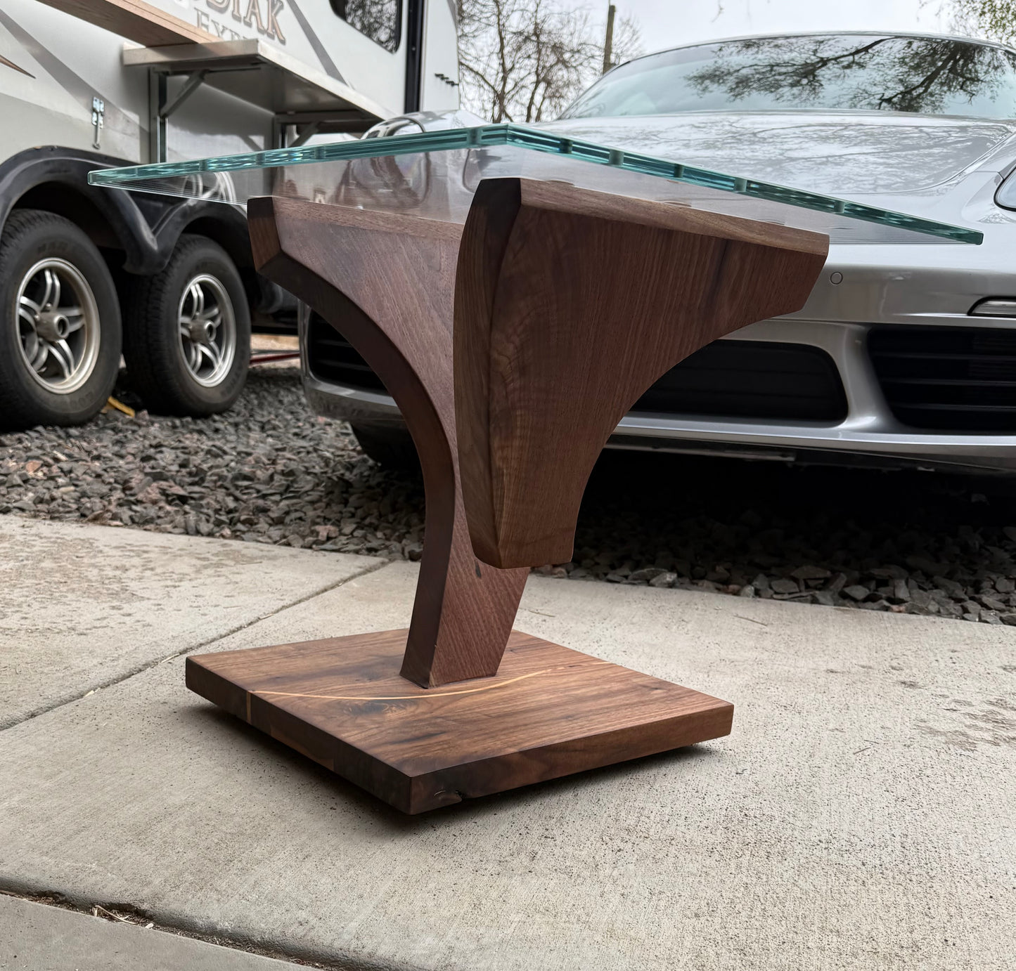 Black Walnut Suspended Glass End Table