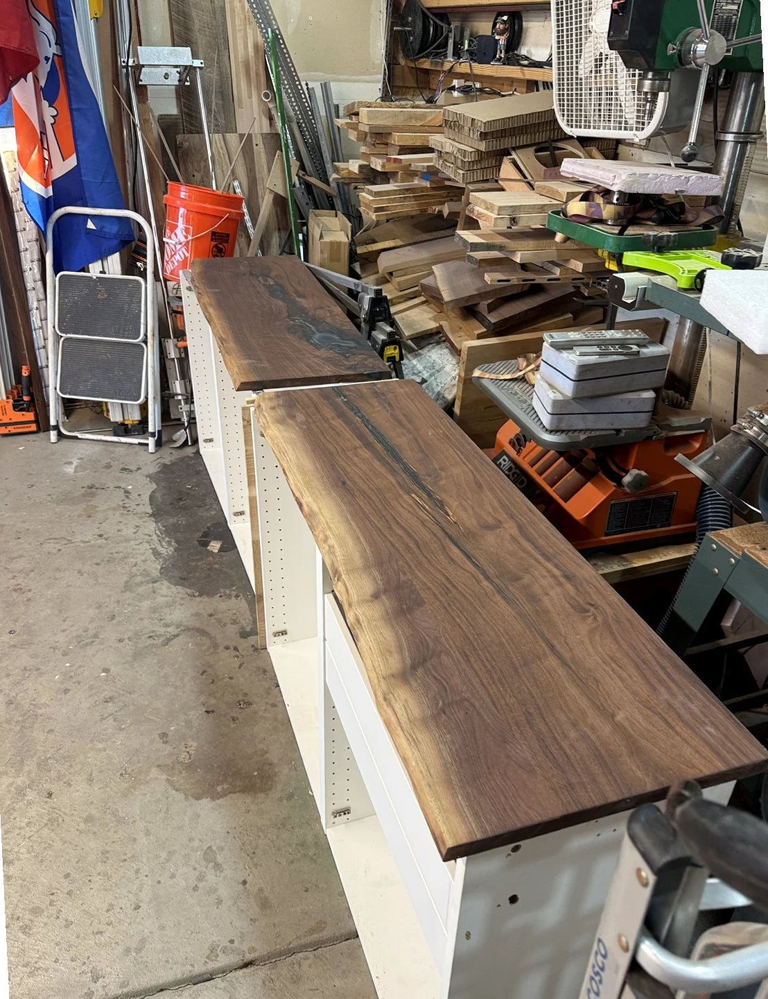 White Oak and Live Edge Walnut Floating Wall and Shelves