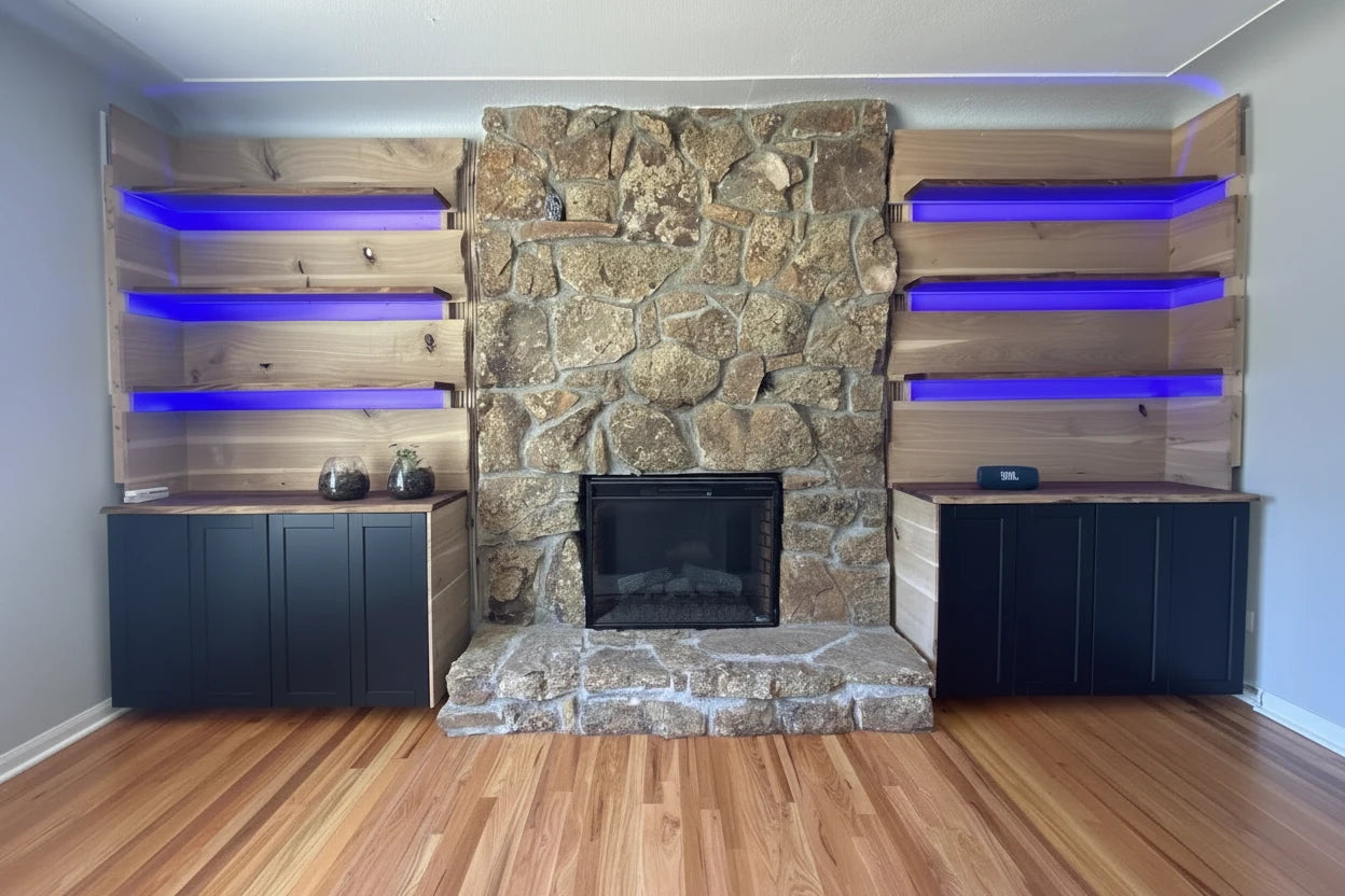 White Oak and Live Edge Walnut Floating Wall and Shelves
