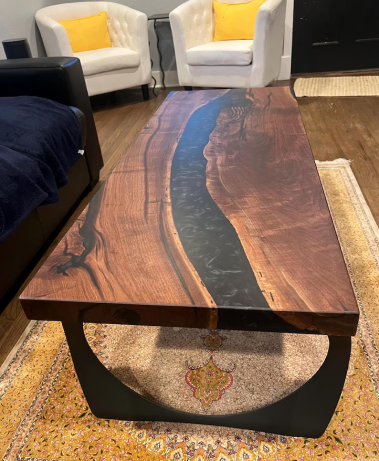 Black Walnut slab with Black Epoxy River and Steel Flowyline Design Legs.