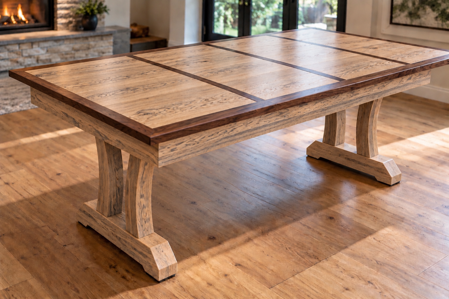 Concept rendering of the game and dining table in white oak with walnut trim