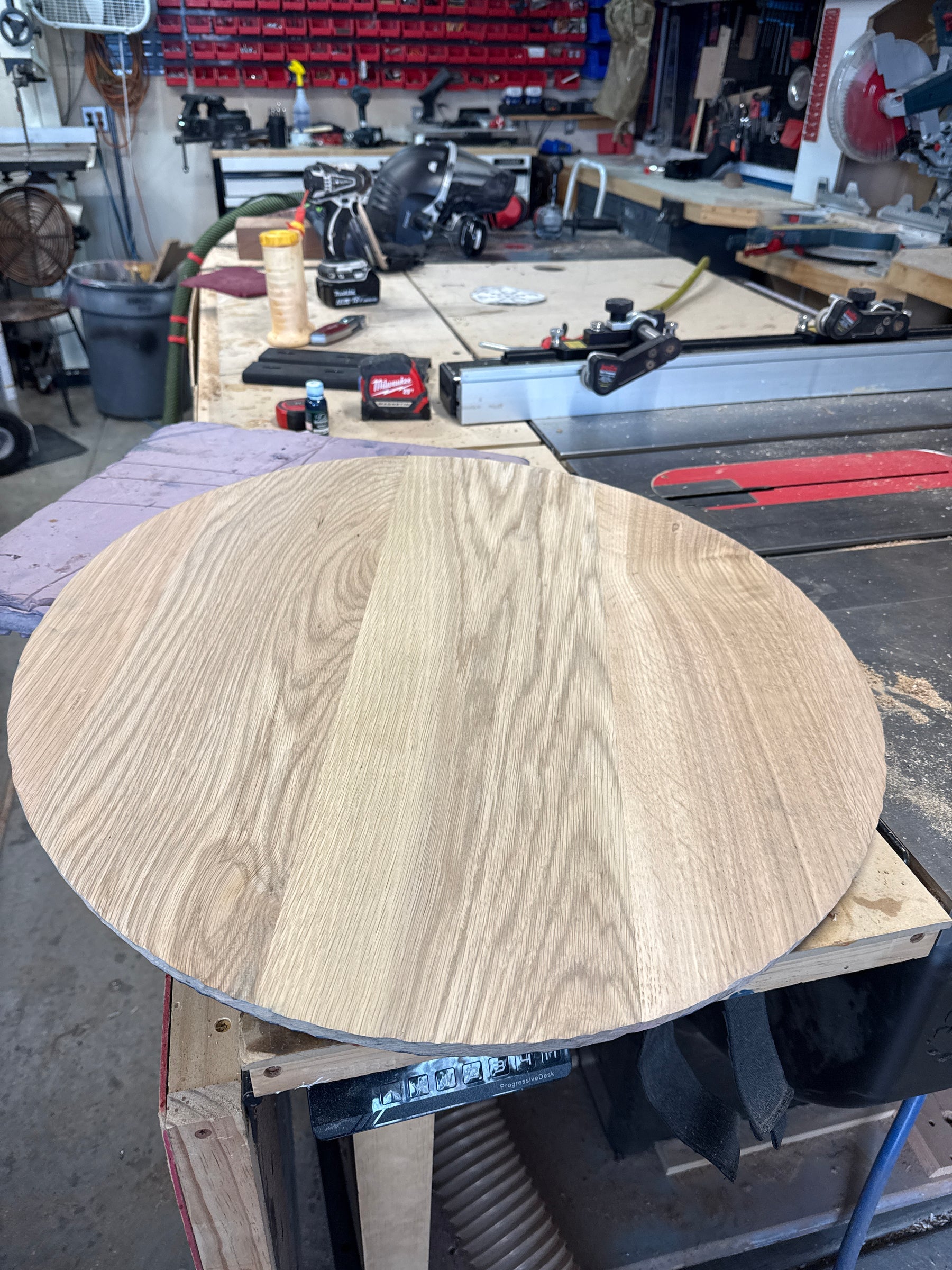 Round oak top before finishing in the workshop