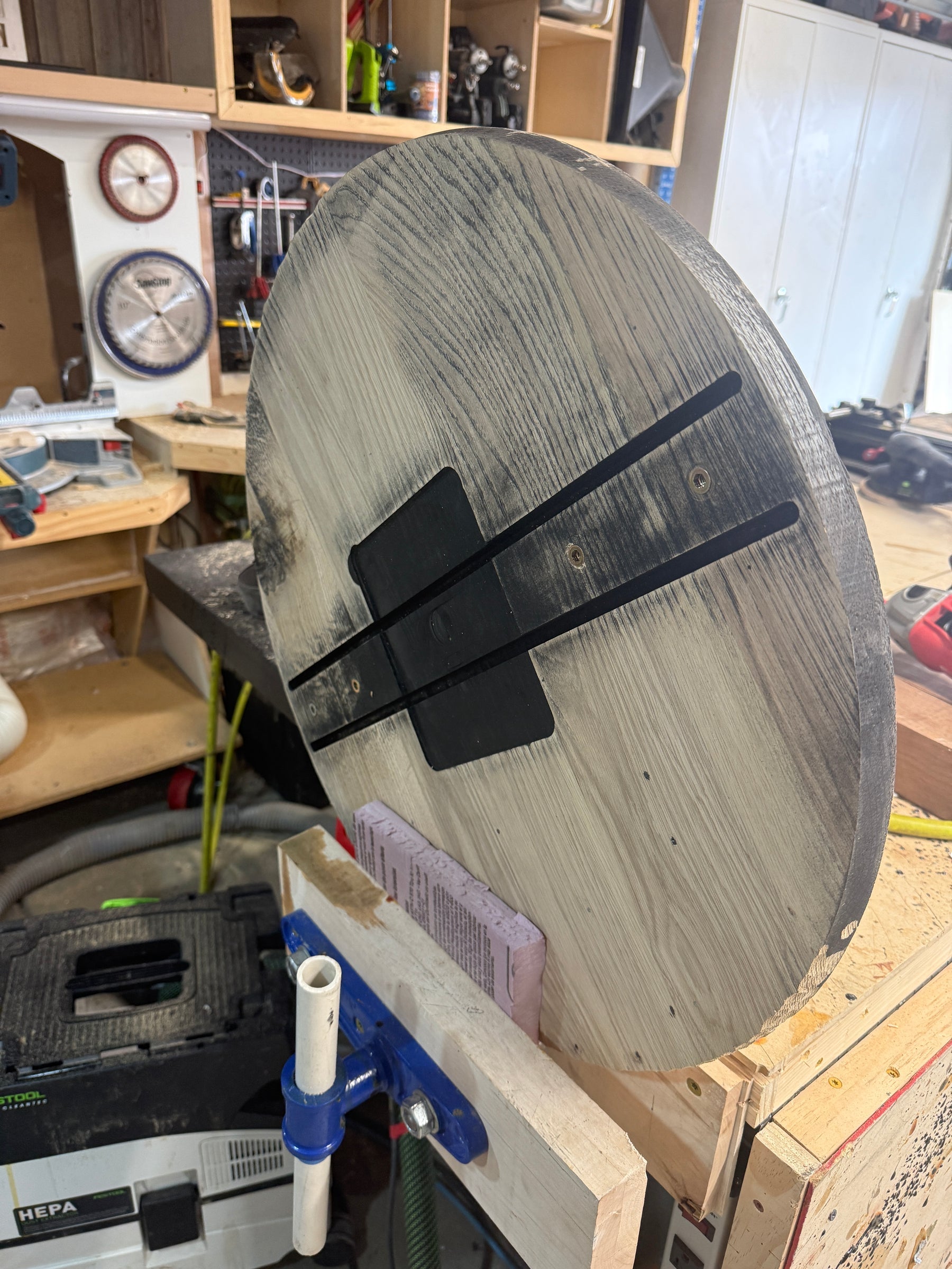 Underside of the oak table during assembly